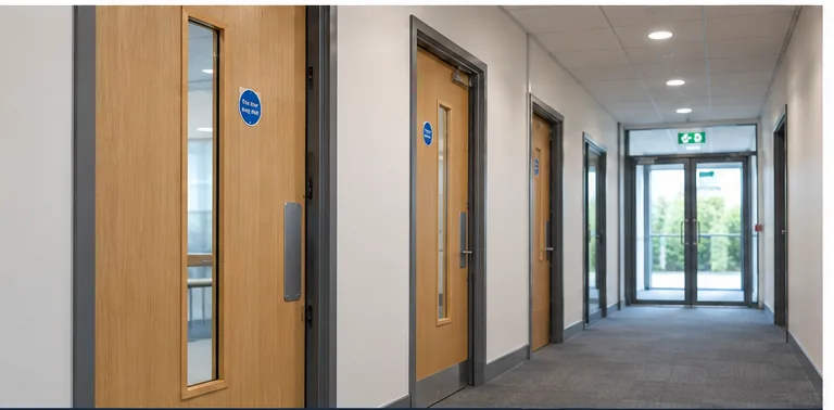 Fire doors within a commercial building being assessed as part of a survey