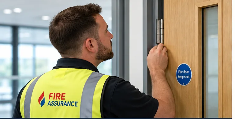 Fire door inspection being carried out in a commercial building